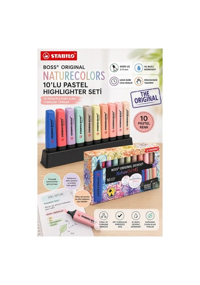 10 Renk Fosforlu Kalem Standlı 1 Paket Orjinal Stabilo Boss 10 Lu Nature Colors Renkler İşaretleme Kalemi Pürüzsüz Yazım Çok Renkli
