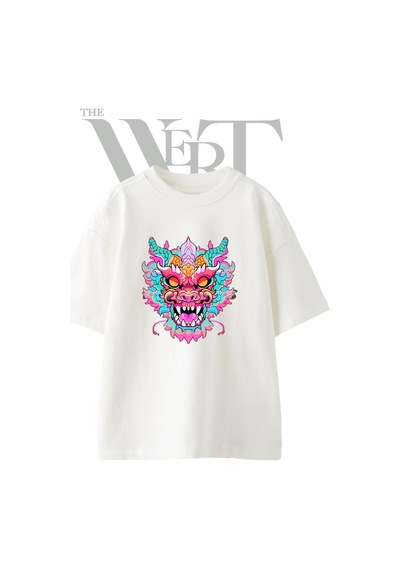 Thewert Dragon Head Tasarım Baskılı Ünisex Beyaz Oversize T-shirt