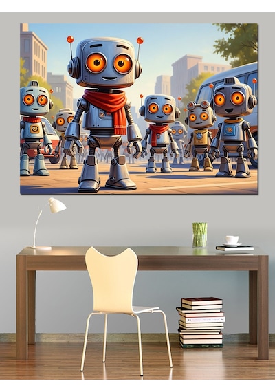 Modern Robot Çocuklar Ve Şehir Dekoratif Kanvas - Mdf Ahşap Tablo