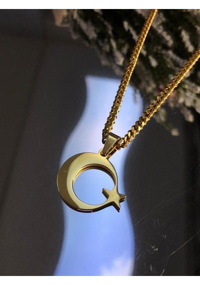 Vog 2 Cm Ay Yıldız Türk Bayrağı Sevgiliye Eşe Babaya Arkadaşa Hediye Sarı Çelik Kolye Sarı