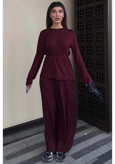 Madmext Bordo Likralı Modal Şalvar Takım Mg2784