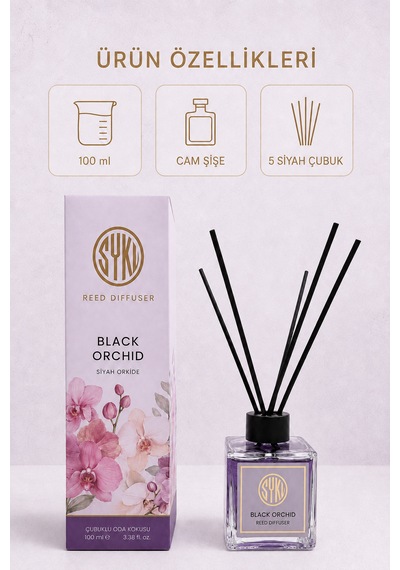 Premium Çubuklu Oda Kokusu 100 Ml Cam Şişe Reed Diffuser Siyah Orkide