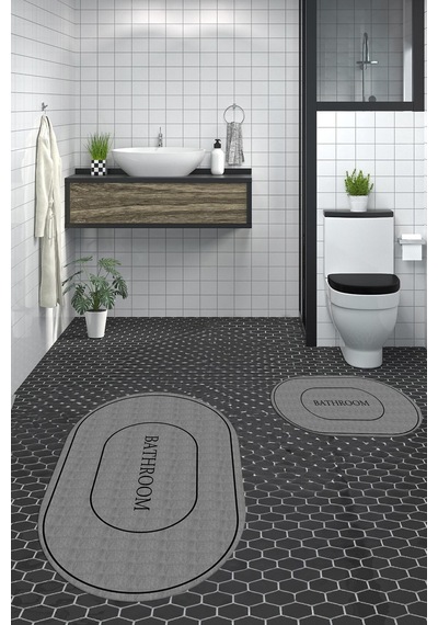 Buççin Online Mağaza Dijital Baskılı Yıkanabilir Kaymaz Sade Bathroom Yazılı Oval Banyo Paspası Klozet Takımı Polipropile Çok Renkli