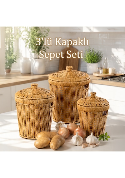 Porsima Pbt-439 3lü Hasır Sepet Kapaklı Bambu Sepet Seti Dekoratif Banyo Mutfak Düzenleyici Organizeri Açık Kahverengi