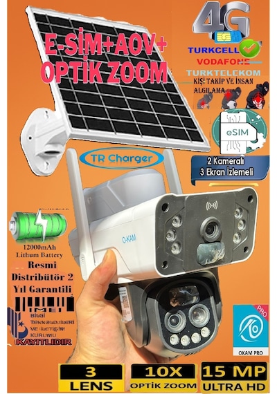 Okam Pro 3950 Solar 4g Ve Esım 15mp 3 Lens 10x Zoom Güneş Enerjil