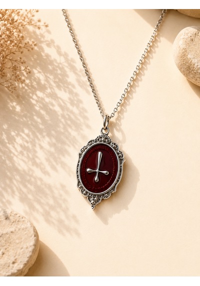 Baphomet Sigili Gotik Kolye Kırmızı Taş Görünümlü Unisex Alternatif Tarz Kolye Çok renkli