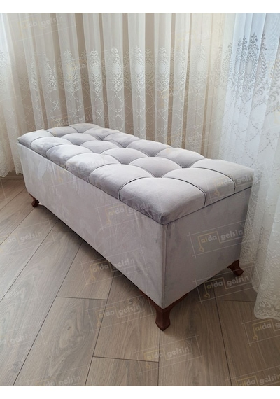 Çizgi Kapitoneli Sandıklı Puf 90 Cm Ceviz Ayak Gri