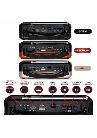 Ultratekno Ktf-1448 Şarjlı 8 Bant Dünya Radyosu Bluetooth Hoparlör 18650 Bataryalı Usb Tf Kart 10 Led Fener