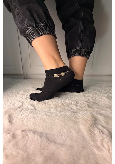 Ozzy Socks 3 Çift Kadın Taş Detaylı Dikişsiz & Takviyeli Patik Çorap Siyah