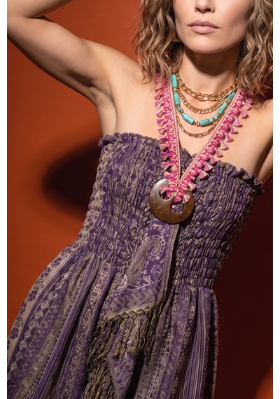Fashion Cocktail Mistik Doğu Bohem Hint İşi Şal Desenli Püsküllü Hindistancevizi Aksesuarlı Bağlamalı Lastikli Simli Kumaş Straples Elbise Mor Fashion Cocktail Mistik Doğu Bohem Hint İşi Şal Desenli Püsküllü Hindistancevizi Aksesuarlı Bağlamalı Lastikli Simli Kumaş Straples Elbise Mor
