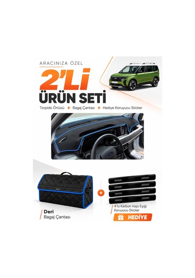 E-biz Ford Courier 2024-2027 Uyumlu Torpido Örtüsü + Deri Bagaj Çantası Seti - Siyah-mavi - Fo037