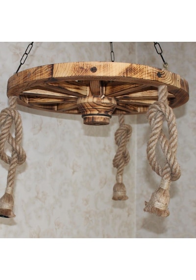 Otantik Çarşı Ahşap Halatlı Teker Avize 60 Cm. 3'lü Eskitme Siyah