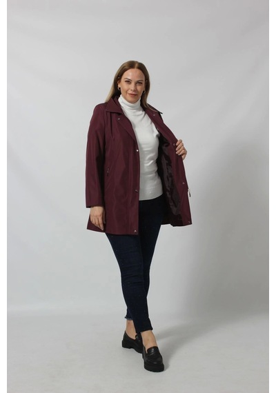 Moda Berray 1616 Fermuarlı Cep Detaylı Kapuşonlu Bondit Ceket Mürdüm