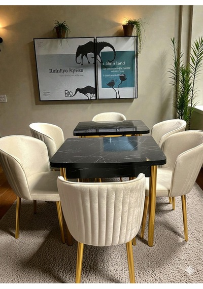 Msy Home 4 Kişilik Exclusive Kelebek Black Marble Gold Ayaklı Modern Yemek Odası Grubu 4512 Bej