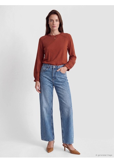 LC Waikiki Lcw Grace Turuncu Fırfırlı Bisiklet Yaka Nakışlı Bluz Burnt Orange