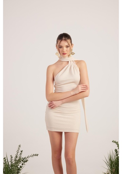 Holly Lolly Şal Yaka Sırt Dekolteli Simli Mini Bella Elbise Bej