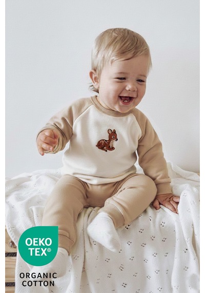 Luppinos Baby Deer 2li %100 Pamuk Nakışlı İki İplik Alt Üst Takım Bej - Camel
