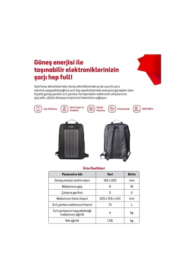 Teknovasyon Arge Arçelik Sbw 8 Watt Solar Sırt Çantası En10002708992