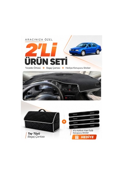Volkswagen Jetta 1997-2003 Uyumlu Torpido Örtüsü + Tay Tüyü Bagaj Çantası + Sticker - Siyah Gri