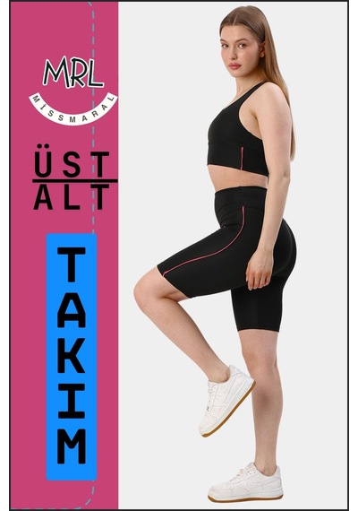 Missmaral Kadın Siyah Takım Alt-üst Kısa Şort-tayt Ve Pedli Sporcu Büstiyer 2li Set Gül Kurusu Biyeli Elt3043 Siyah Gül