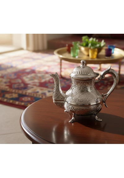 Dekoratif Gümüş Renkli Zarif İşlemeli Metal İbrik Demlik 17cmx22cm M2 Gümüş
