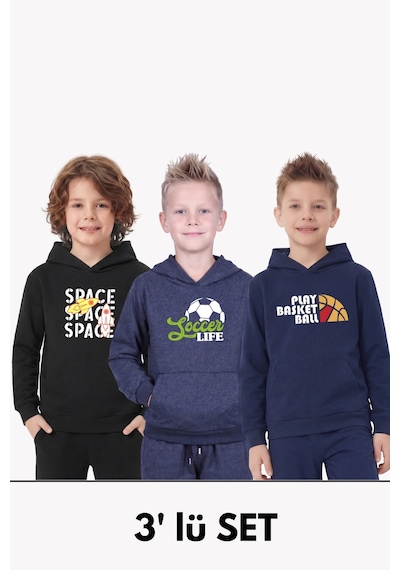 Panios Kids 3'lü Kanguru Cepli Kapüşon Detaylı Baskılı Erkek Çocuk 3 Parça Sweatshirt Antrasit - Lacivert - Siyah