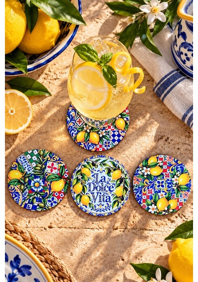 La Dolce Vita Sicilya İtalyan Majolika Çini Desenli Limon Temalı, 4 Lü Bardak Altlığı Set 9 Cm, 3 Mm Ahşap Mdf, Dijital Baskı - 934205522 Diğer