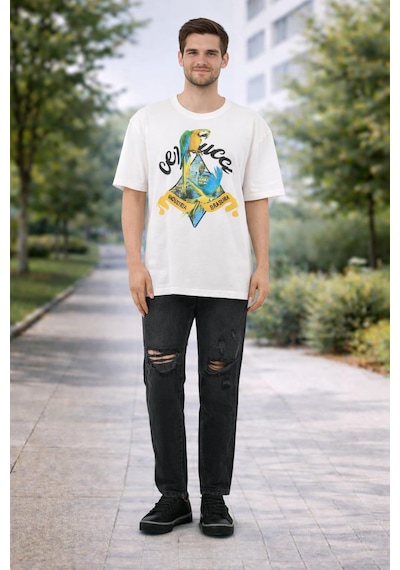 Alexander Gardi Bisiklet Yaka Baskılı Oversize T-shirt Ekru