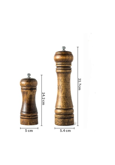 Ahşap Karabiber Tuz Öğütücü Değirmen Tuzluk 14 Cm Ve 21 Cm 2'li Kahverengi