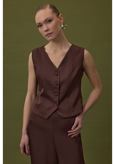 Sateen Klasik Düz Yelek - Kahve-137028 Kahve