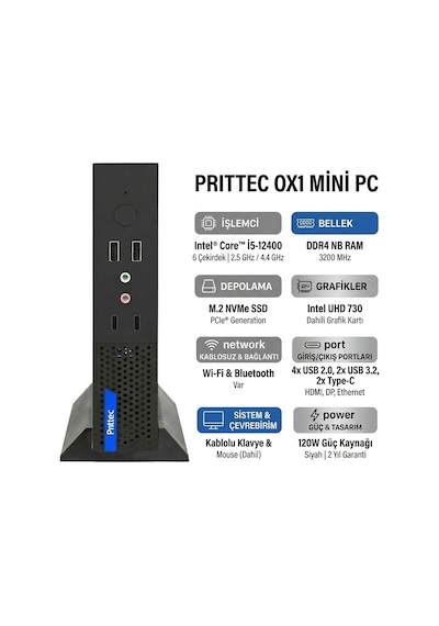 Prittec OX1 Q7-TH610Lİ5124008005 i5-12400 12 GB 1 TB SSD Dos Mini PC