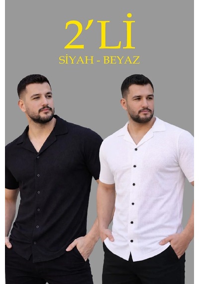 Tarzyeri Erkek Waffle Kumaş Açık Yakalı Düğmeli Regular Fit Gömlek 2 Li Set Siyah-beyaz