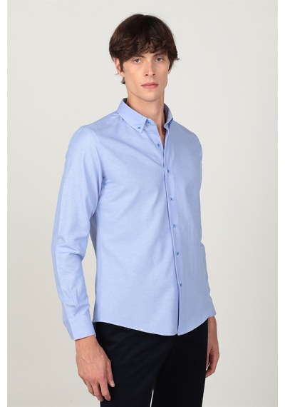 Tudors Slim Fit Uzun Kol Yaka Düğmeli Yaka İçi Biyeli Erkek Gömlek-26219 Mavi
