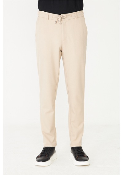 Bej Beli Bağcıklı Modern Kesim Jogger Pantolon Bej