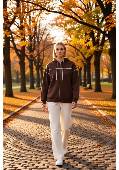Benerly Kadın Kapüşonlu Fermuarlı Düşük Kol Sweatshirt Fonksiyonel Dayanı Kahverengi