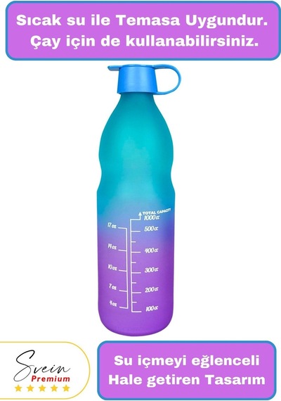 Premium Sızdırmaz Motivasyonel Sporcu Cam Renkli Su Matarası 1 Litre Suluk Tritan Bpa İçermez 1 Adet