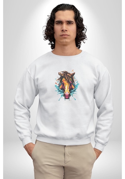 At Kafası Renkli Unisex Beyaz Baskılı Sweatshirt Beyaz