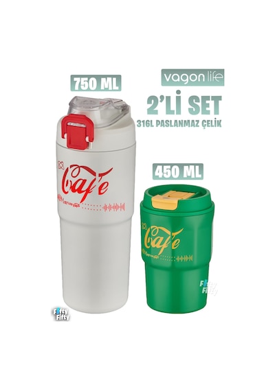 Vagonlife 2'li Çelik Termos-kahve Bardağı Seti 750ml Çift Kullanım Termos//450ml Mug Kahve Bardağı Beyaz - Yeşil