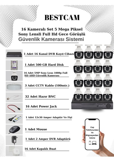 16 Kameralı Set 5 Mp Sony Lensli Full Hd Kamera Seti 500 Gb Hdd