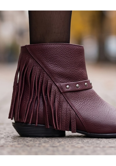 Futsishoes Camelot Bordo Hakiki Floter Deri Püskül Detaylı Kadın Kısa Topuklu Bot