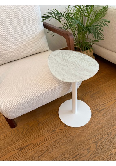 Traverten Mermer Desenli Modern 40x30 Cm Zigon Yan Sehpa 6 Mm Temper Cam