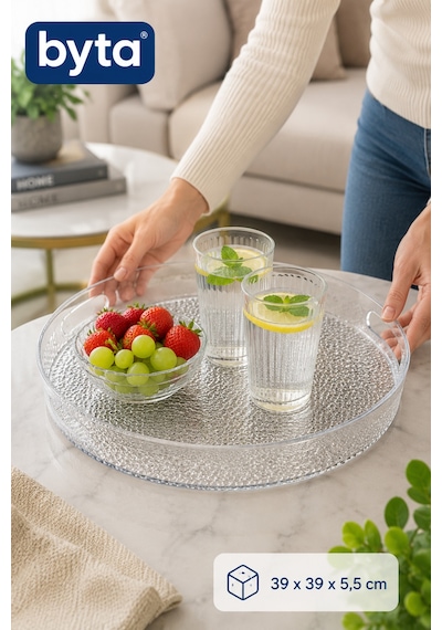 Diamond Kırılmaz Yuvarlak Servis Tepsisi 39 Cm Şeffaf Sunum Tepsisi İkram Kahvaltı Çay Kahve Servis Tepsisi Pet Şeffaf