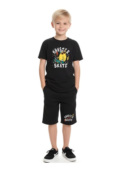 Fyk Kids Erkek Çocuk Tişört-şort Skate Baskılı Alt-üst Takım Siyah