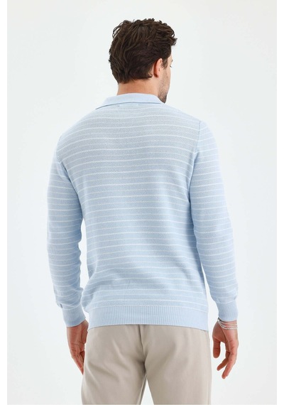 Cool Tarz Erkek Patlı Slim Fit Çizgi Detaylı Uzun Kollu Polo Yaka Triko Kazak Mavi Mavi
