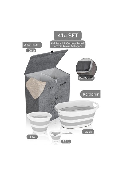Keçe 2 Gözlü Çamaşır Sepeti Gri 53x33x60cm-25lt Katlanır Çamaşır Selesi-su Kovası-maşrapa 4'lü Set Gri