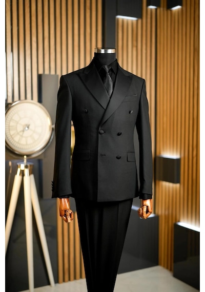 Modmen Damatlık Takım Elbise Slim Fit Kruvaze Slimfit 1 Beden Büyük Tercih Ediniz Siyah