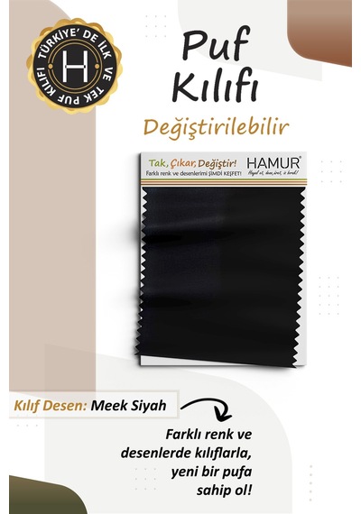Yıkanabilir Puf Tabure Kılıfı Tak-Çıkar-Değiştir-Yenile Orta Sehpa Kılıfı 40x22 Meek Siyah