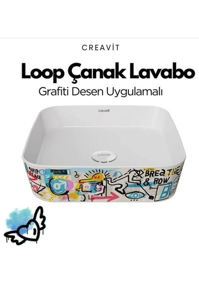 Creavit LP040 Loop Grafiti Uygulamalı Kare Çanak Lavabo 40 CM