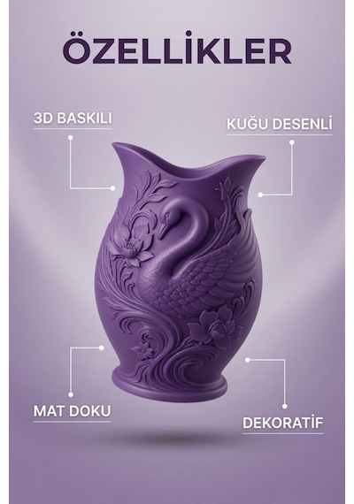 Kuğu Desenli Dekoratif Vazo 15 Cm 3d Baskılı Mat Dokulu Şık Masa Ve Raf Dekoru Mor