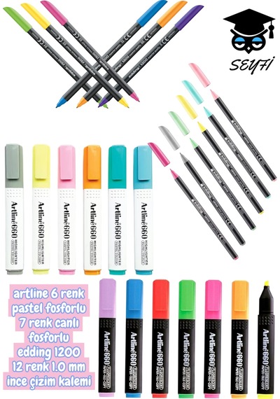 6 Renk Pastel Fosforlu 7 Renk Canlı Fosforlu Edding 1200 12 Renk 1.0 Mm İnce Çizim Kalemi Çok Renkli
